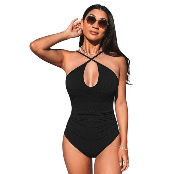 Cupshe Women's Jacquard Cutout Ruched Tummy Control One Piece Swimsuit Medium - Picture 1 of 7